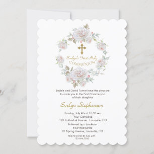 White Flowers Wreath Gold Cross Holy Communion Invitation