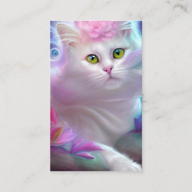 White Fluffy Cat on a Rainbow Business Card (Front)