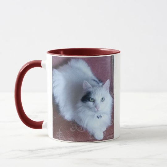 White fluffy cute cat with attitude mug