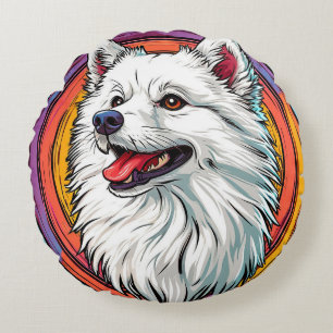White Fluffy Dog in Vibrant Art Style Round Cushion