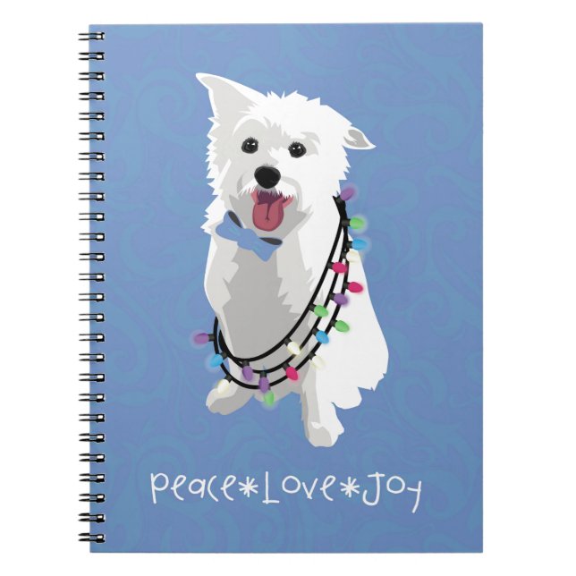 White Fluffy Dog - Peace Joy Love - Holiday Notebook (Front)