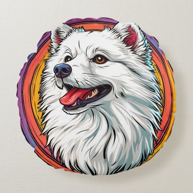 White Fluffy Dog Portrait 🐾  Artistic Style Round Cushion (Front)