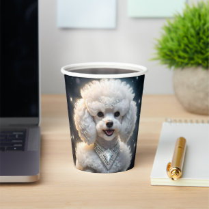 White Fluffy Poodle Wearing A Diamond Collar, Paper Cups