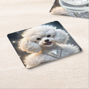 White Fluffy Poodle Wearing A Diamond Collar, Square Paper Coaster