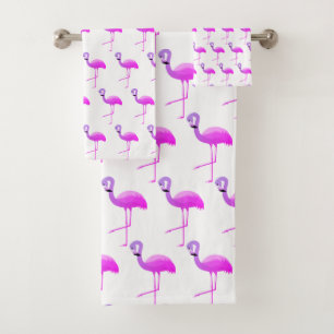 WHITE FLURO FLAMINGO PATTERN BATHROOM TOWEL SET