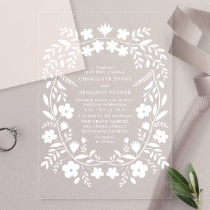 White Folk Art Floral Wedding Acrylic Invitations