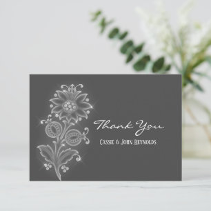 White Folk Art Flower on Grey Custom Wedding Thank You Card