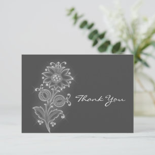 White Folk Art Flower on Grey Thank You Card