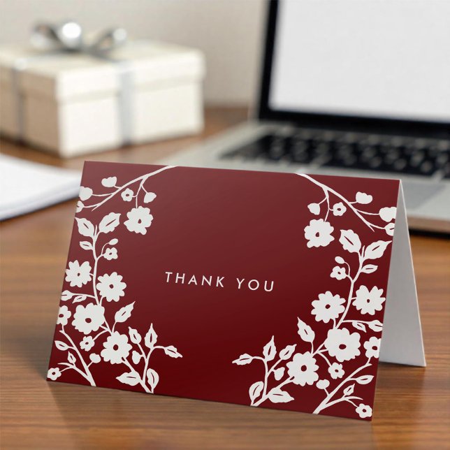 White Folk Flowers Burgundy Thank You Custom Card (Creator Uploaded)