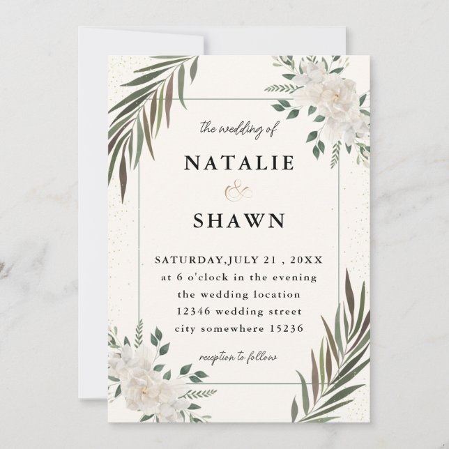 White Folwers And Greenery Wedding Invitation (Front)