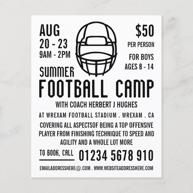 White Football Helmet, Football Camp Advertising Flyer (Front)