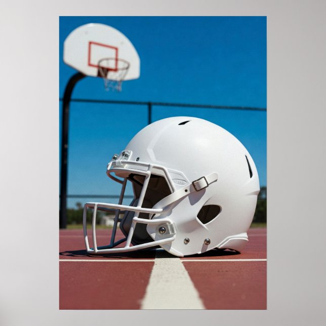White Football Helmet on Court Line Poster (Front)