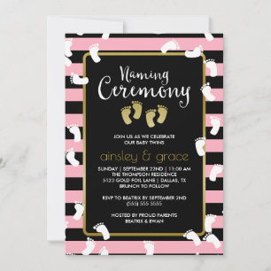 White Footprints Pink Twins Naming Ceremony Invitation
