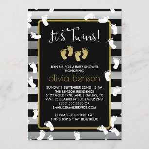 White Footprints Silver & Gold Twins Baby Shower Invitation