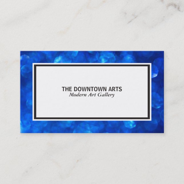 White Foreground Black and Blue Bokeh Border Business Card (Front)