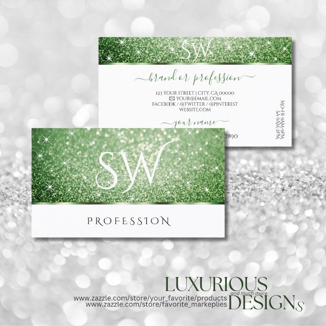 White Forest Green Glitter Sparkle Stars Initials Business Card (Creator Uploaded)