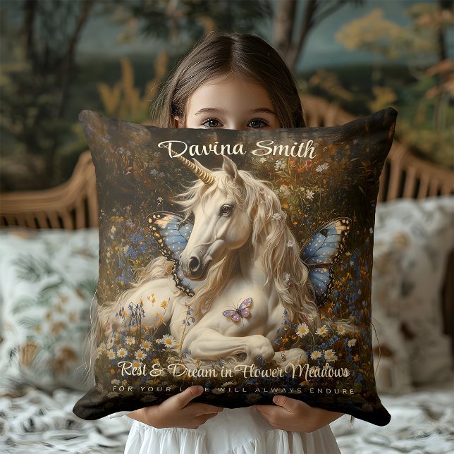 White Forest Unicorn Blue Butterfly Meadow Floral Cushion (Creator Uploaded)