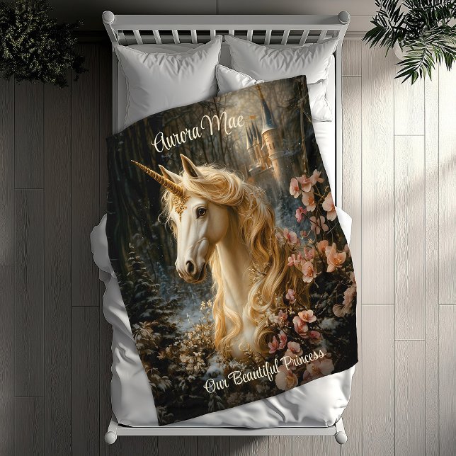 White Forest Unicorn Fantasy Castle Fairytale Fleece Blanket (Creator Uploaded)