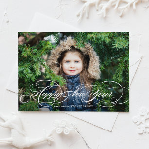 White Formal Script Happy New Year Photo Holiday Card