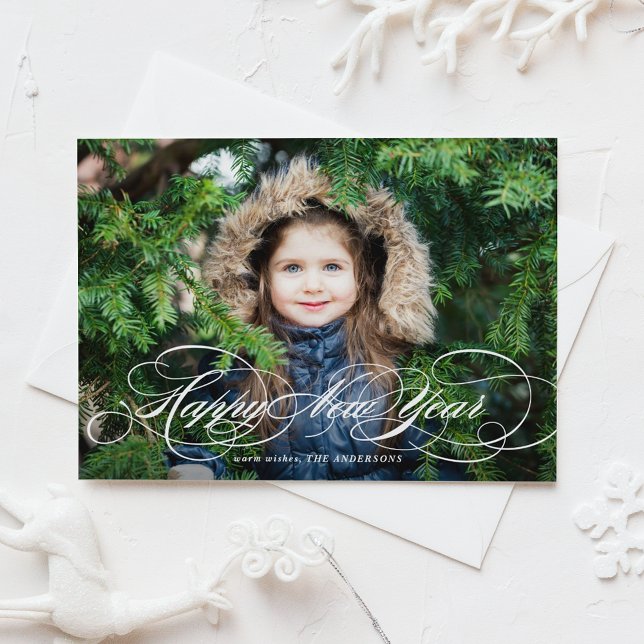 White Formal Script Happy New Year Photo Holiday Card (White Formal Script Happy New Year Photo Holiday Card)