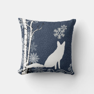 White Foxes in Winter Birch Forest Throw Pillow