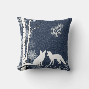 White Foxes in Winter Birch Forest Throw Pillow