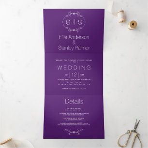 White frame and initials monogram purple wedding Tri-Fold invitation