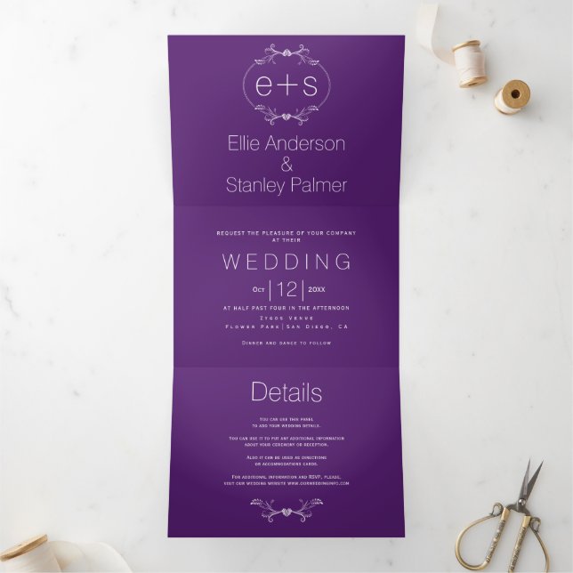 White frame and initials monogram purple wedding Tri-Fold invitation (Inside)