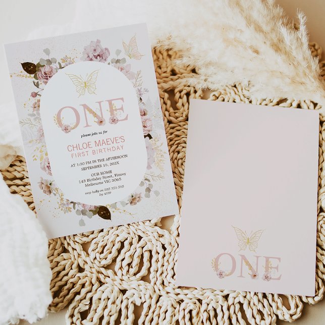 White Frame Girls Pink Boho Floral 1st Birthday  Invitation (Girls pink boho floral and butterfly 1st birthday invitation. Gold butterfly blush floral)