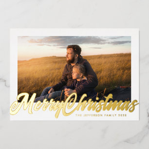 White Frame & Gold Merry Christmas Photo Foil Holiday Card