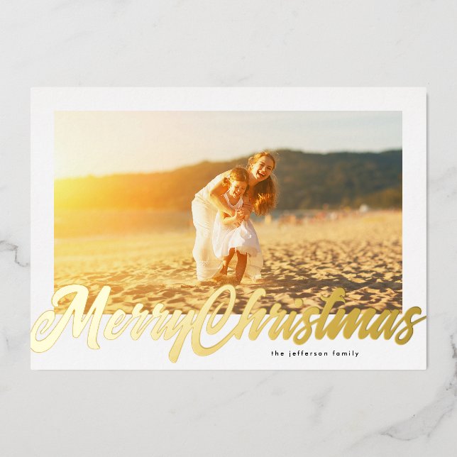 White Frame & Gold Merry Christmas Photo Foil Holiday Card (Front)