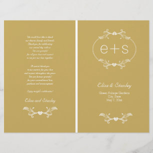 White frame, initials folded gold wedding program