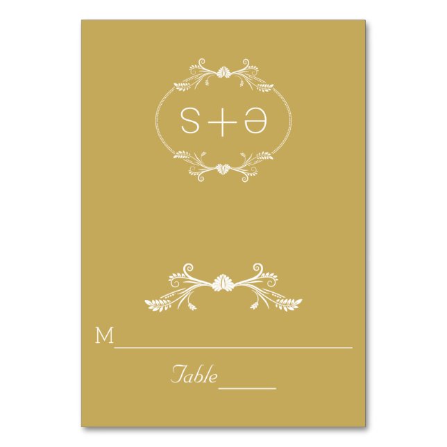 White frame, initials wedding gold escort card (Front)