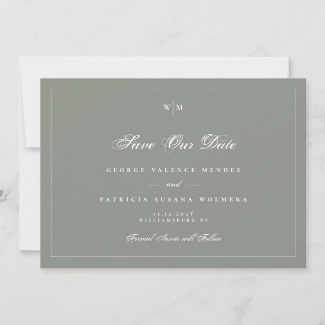 White Frame Monogram Sage Green Grey Photo Wedding Save The Date (Front)