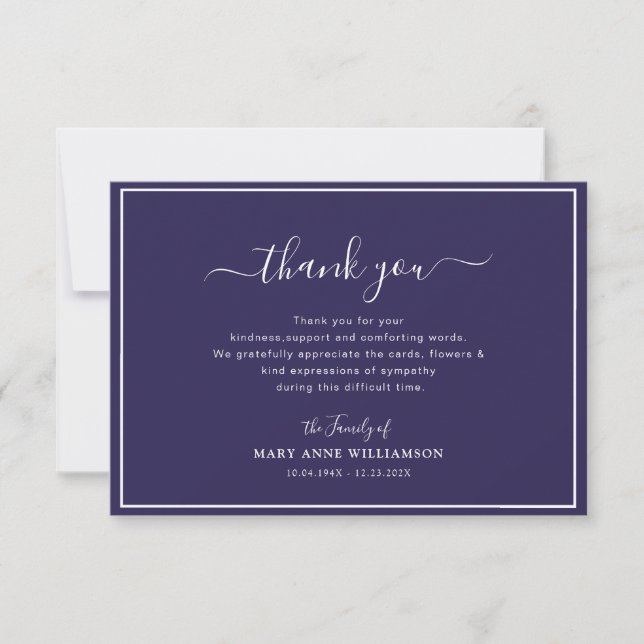 white frame navy blue funeral thank you note card (Front)