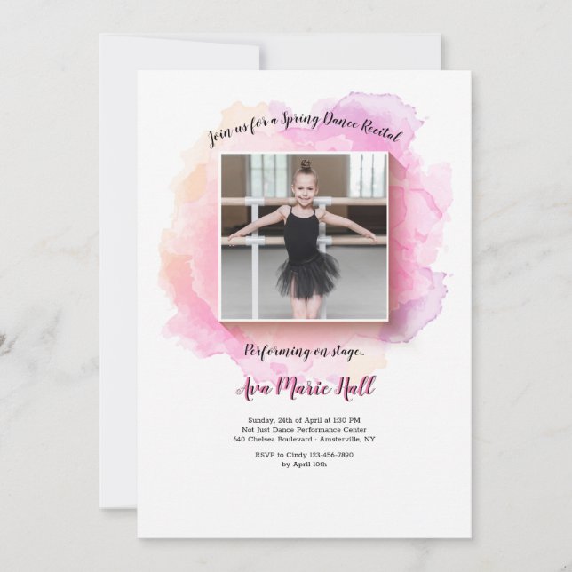 White Frame Watercolor Dance Recital Invitation (Front)