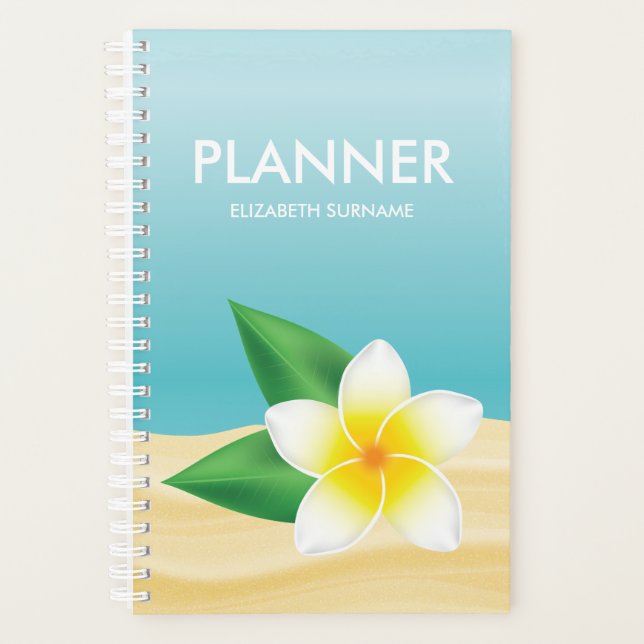 White Frangipani Flower On Blue Personalised Name Planner (Front)