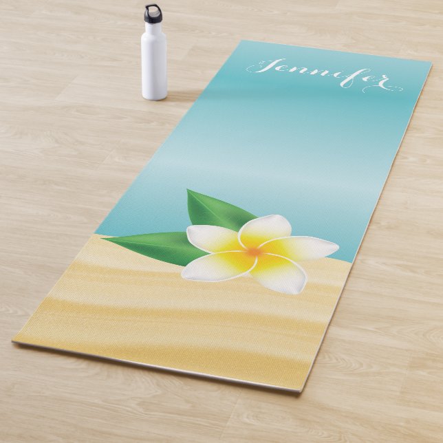 White Frangipani Flower With Personalizable Name Yoga Mat (In Situ)