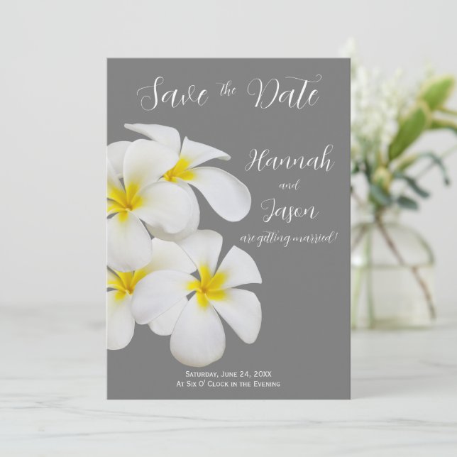 White Frangipani Flowers, Medium Grey, Save Date Invitation (Standing Front)