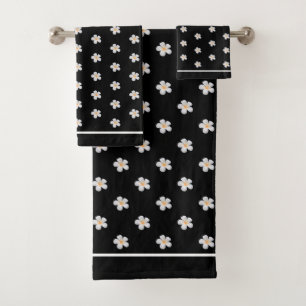 White Frangipani Flowers on Black Bath Towel Set
