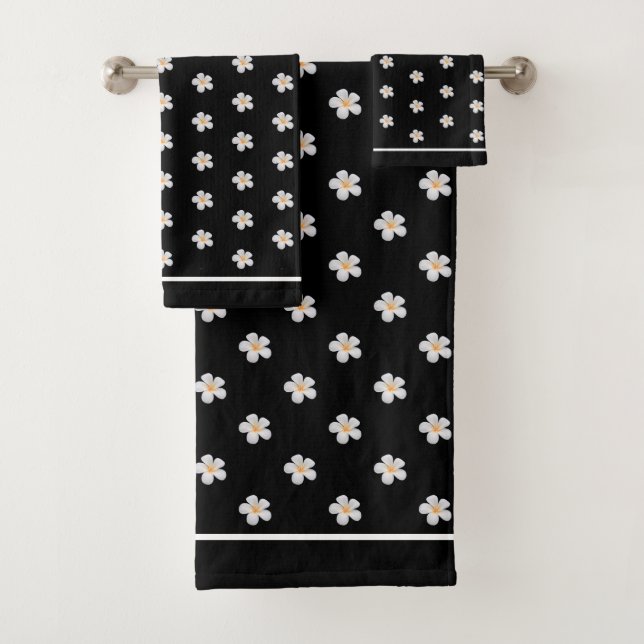 White Frangipani Flowers on Black Bath Towel Set (Insitu)