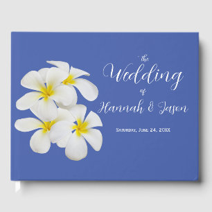 White Frangipani Flowers, on Blue, Floral Wedding Guest Book