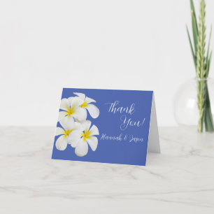 White Frangipani Flowers, on Blue, Floral Wedding Thank You Card