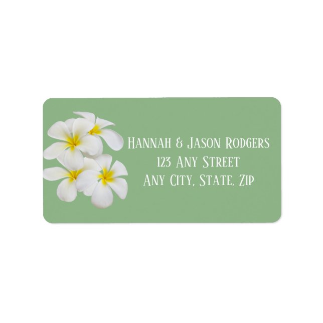 White Frangipani Flowers, on Sage, Wedding Label (Front)
