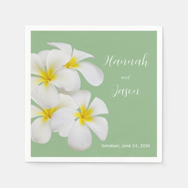 White Frangipani Flowers, on Sage, Wedding Napkin (Front)