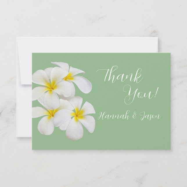 White Frangipani Flowers, on Sage, Wedding Thank You Card (Front)