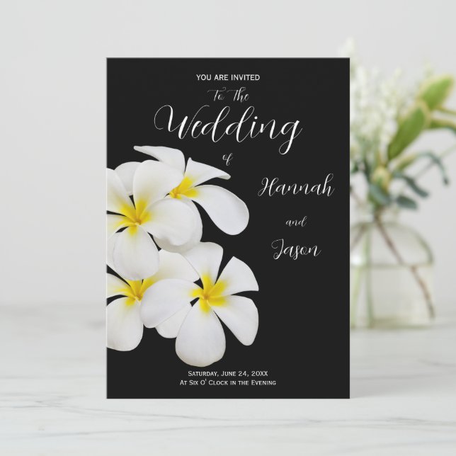 White Frangipani Flowers, Tropical, Floral Wedding Invitation (Standing Front)
