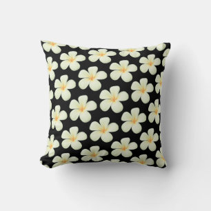 White Frangipani Plumeria Flowers on Black Cushion
