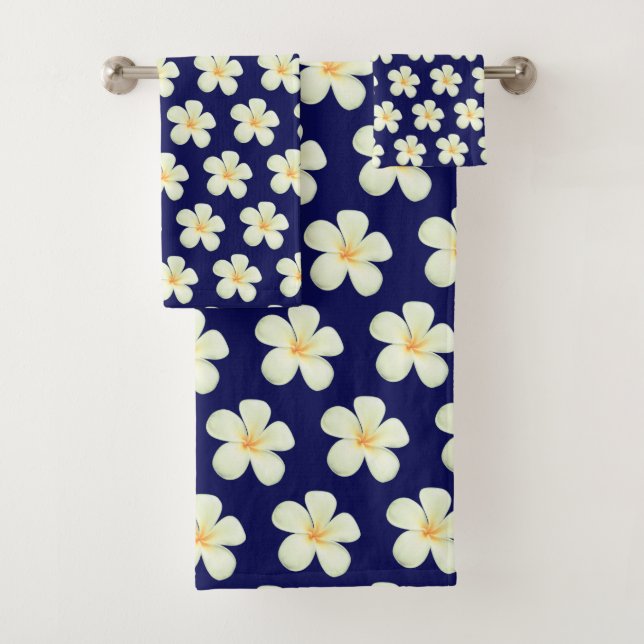 White Frangipani Plumeria Flowers on Navy Blue Bath Towel Set (Insitu)