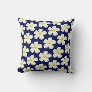 White Frangipani Plumeria Flowers on Navy Blue Cushion